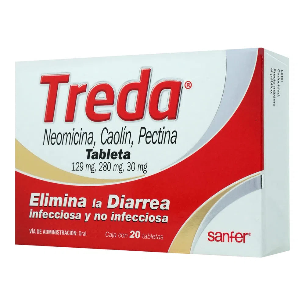 Treda Neomicina/Caolín/Pectina 129/280/30 mg con 20 tabletas