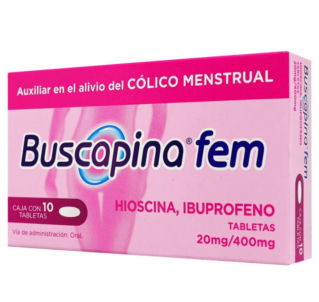 Buscapina fem Butilhioscina/Ibuprofeno 20 mg / 400 mg con 10 tabletas