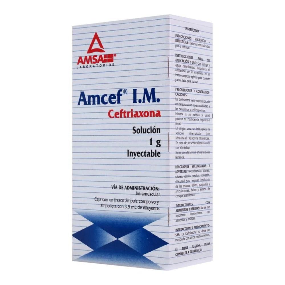 Amcef Ceftriaxona IM 1 g solución inyectable ampolleta