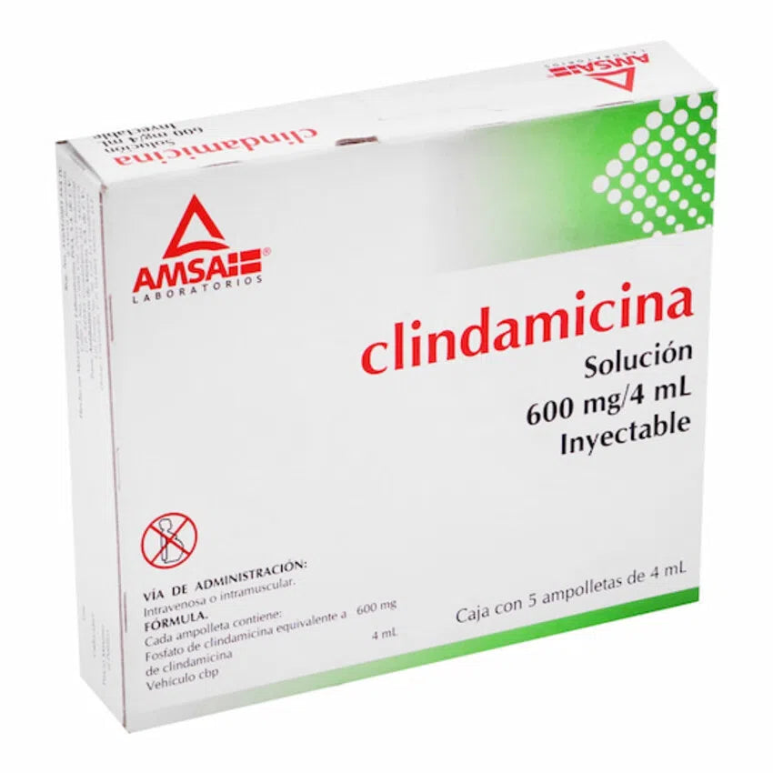 Clindamicina 600 Mg inyectable. Caja con 5 Ampolletas 4 Ml