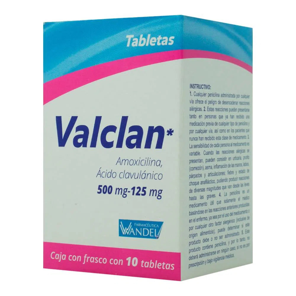 Valclan. Amoxicilina/Ácido Clavulánico 500/125 Mg 10 Tabletas