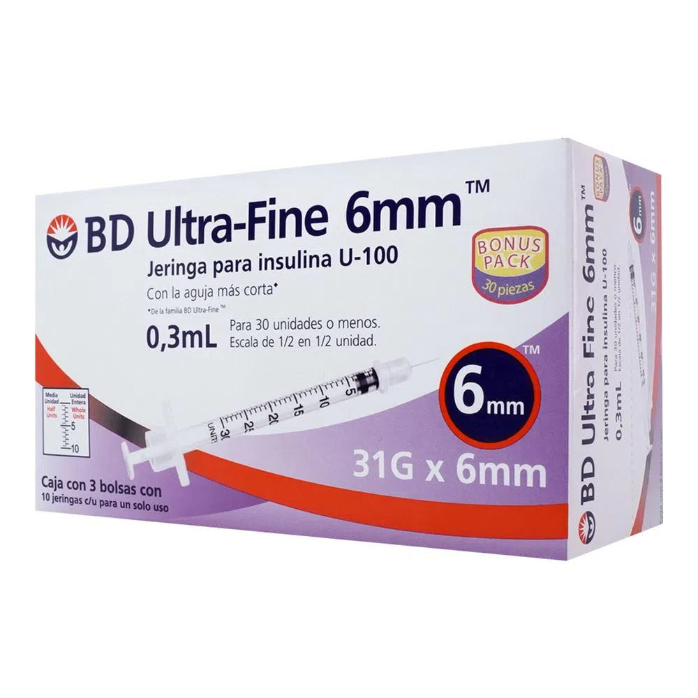 BD Ultra-Fine jeringa para insulina U-100 0.3 ml 31Gx6mm (30 pzas)