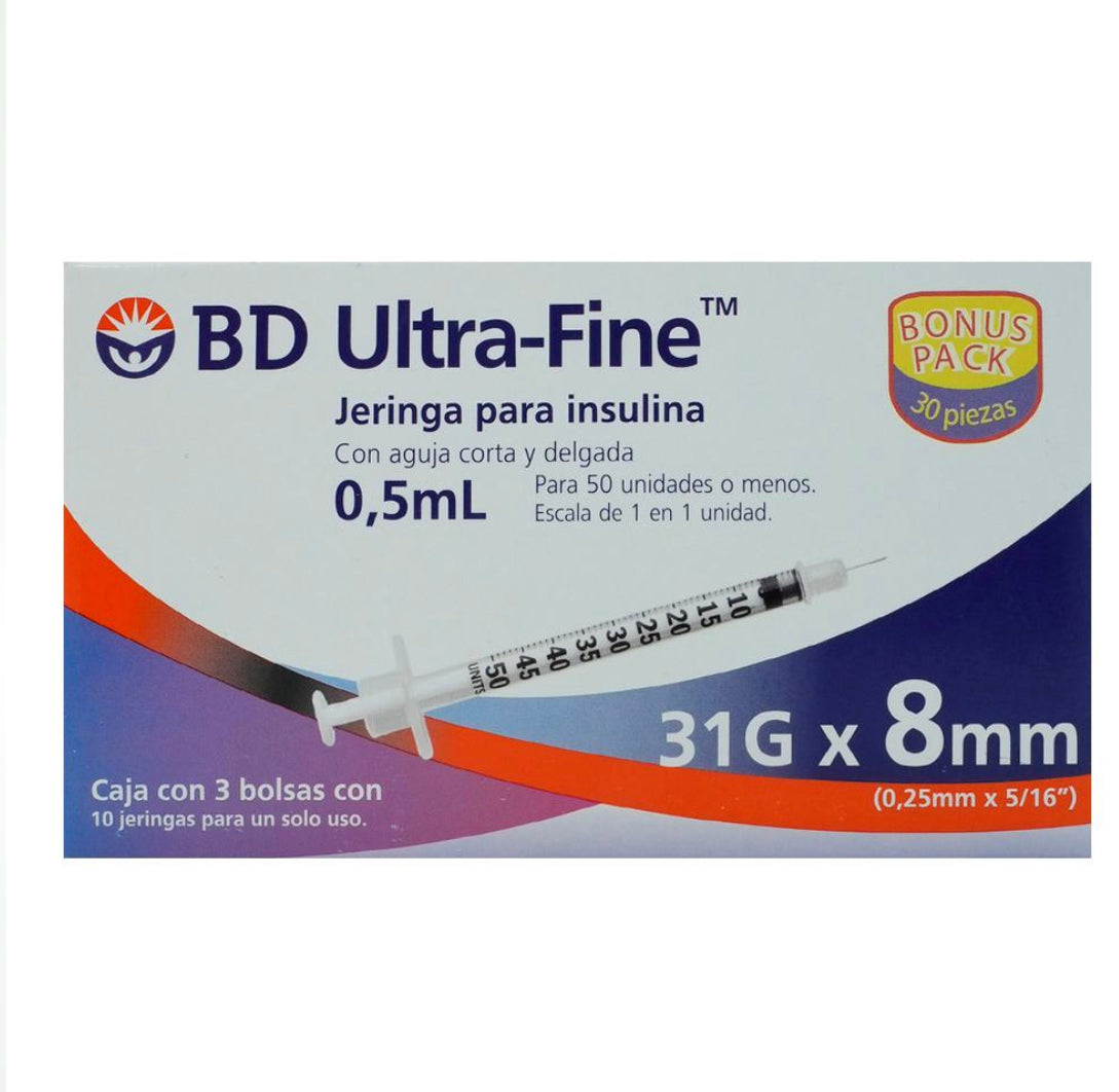 BD Ultra-Fine jeringa para insulina U-100 0.5ml 31Gx8mm (30 pzas)