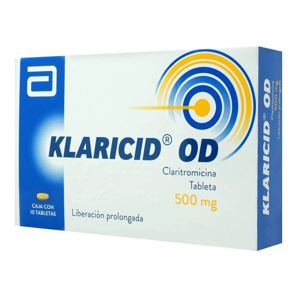 Klaricid OD Claritromicina 500 mg con 10 tabletas de liberación prolongada.