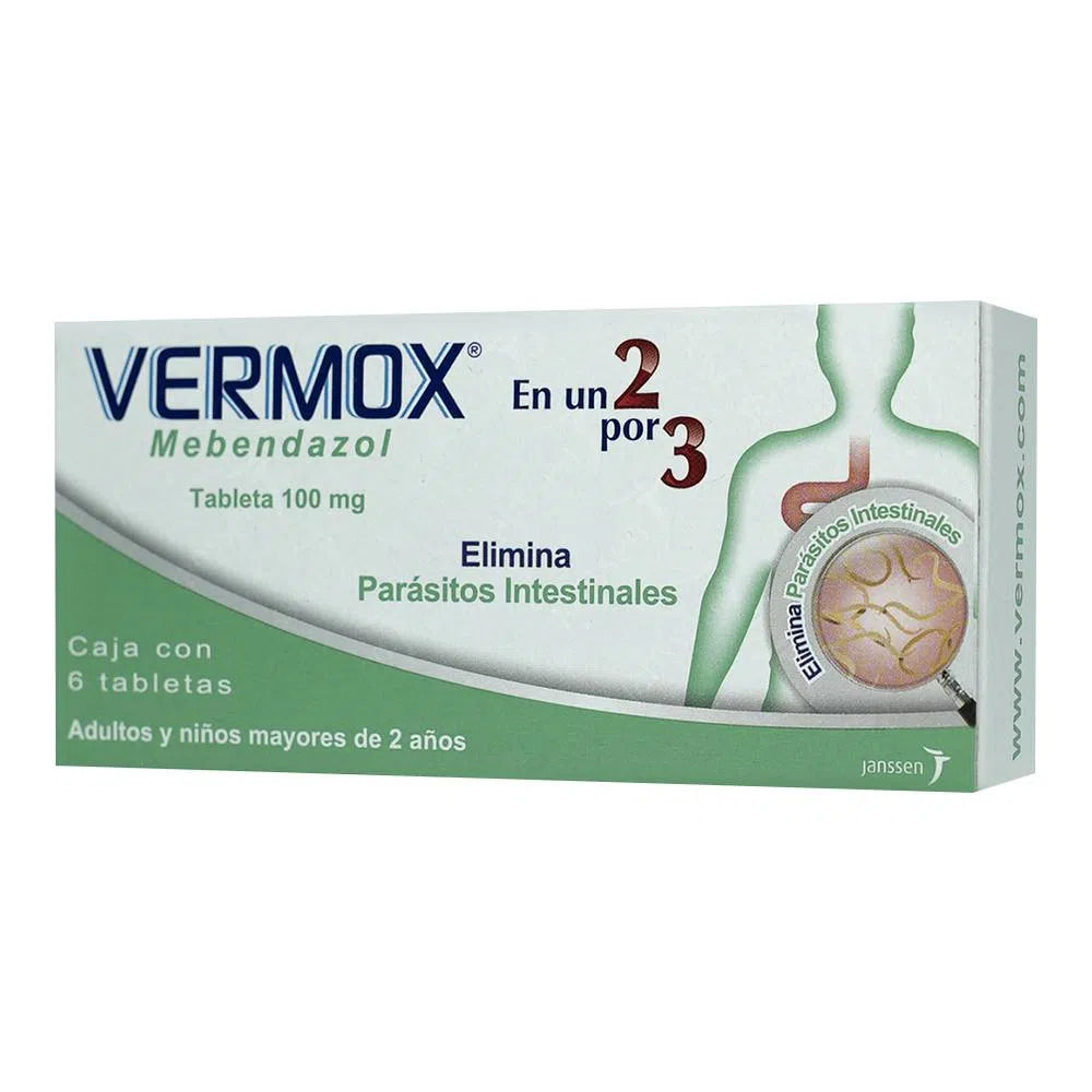 Vermox Mebendazol 100 mg caja con 6 tabletas
